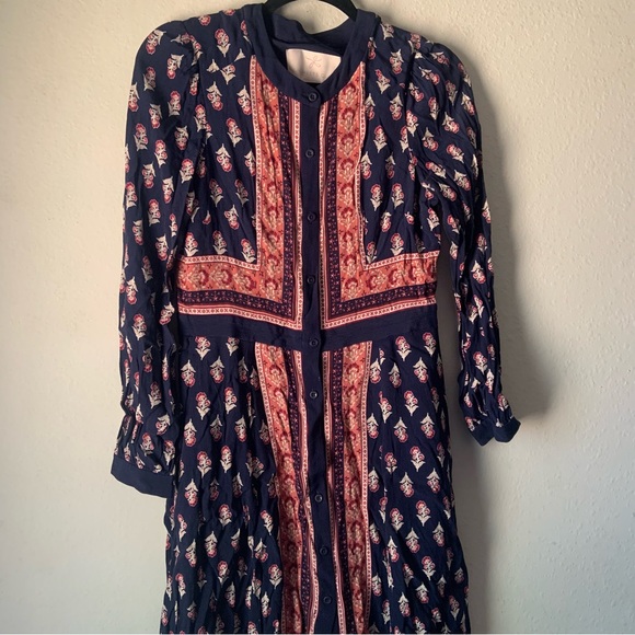 Gal Meets Glam Carlene Woodblock Stripe Button Front Long Sleeve Dress Navy Red - Picture 4 of 7